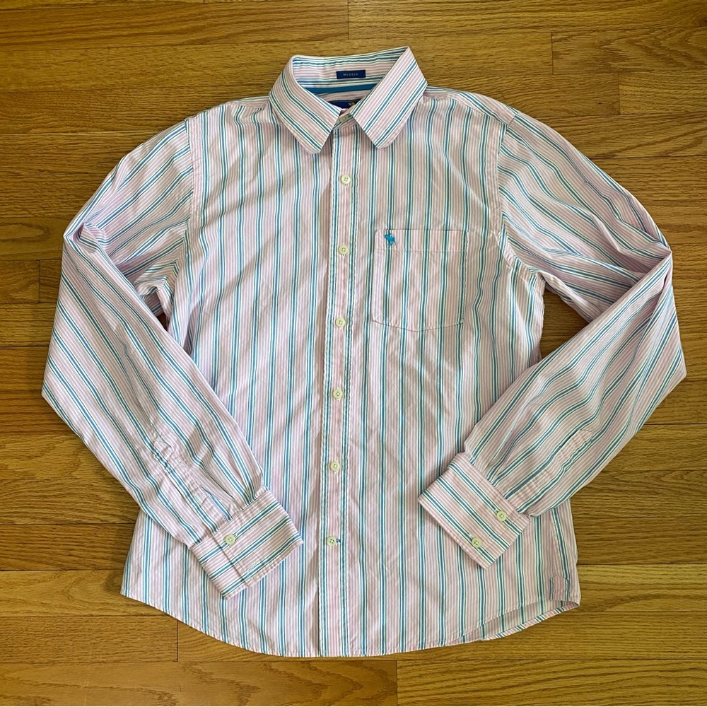 Abercrombie & Fitch Muscle Shirt Men’s XL Pink White Blue Striped Button Down
